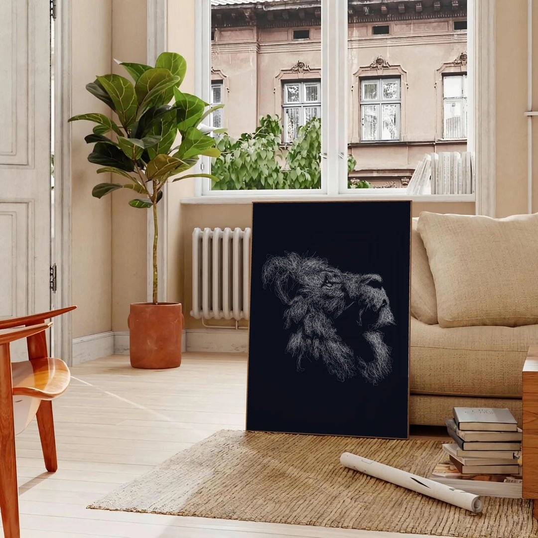 A black lion's head with green accents in a bold, modern style - in a Parisian living room with a sofa and a fig plant