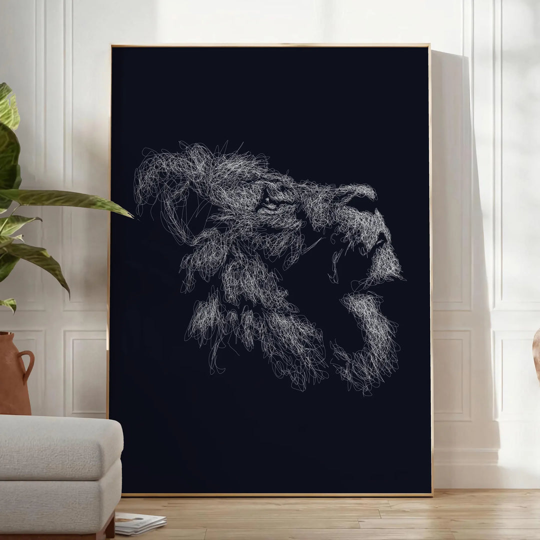 A black lion's head with green accents in a bold, modern style - in a bright minimalist room with a plant and an armchair