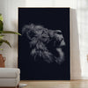 A black lion's head with green accents in a bold, modern style - in a bright minimalist room with a plant and an armchair