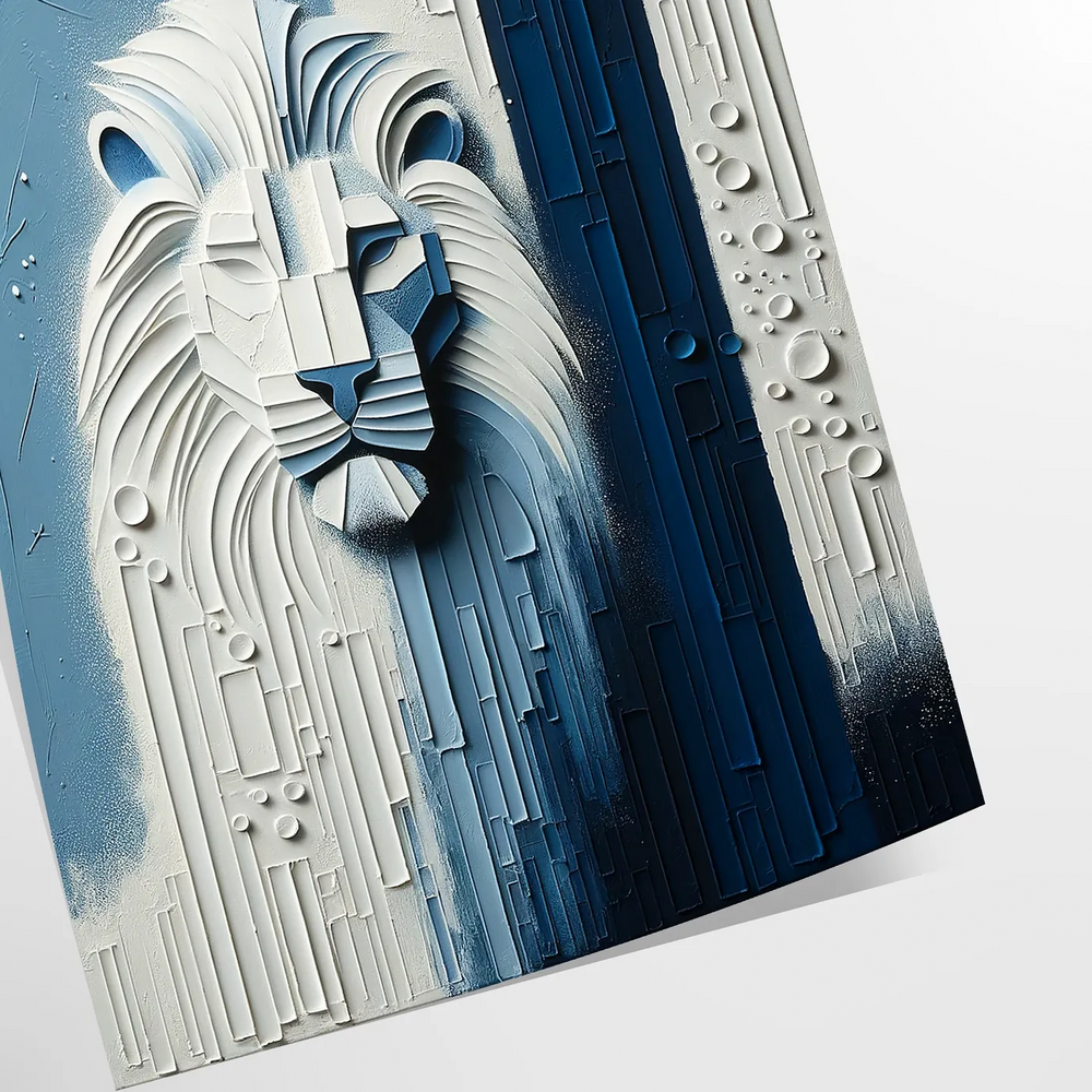 A realistic depiction of a lion's face with gray and green tones