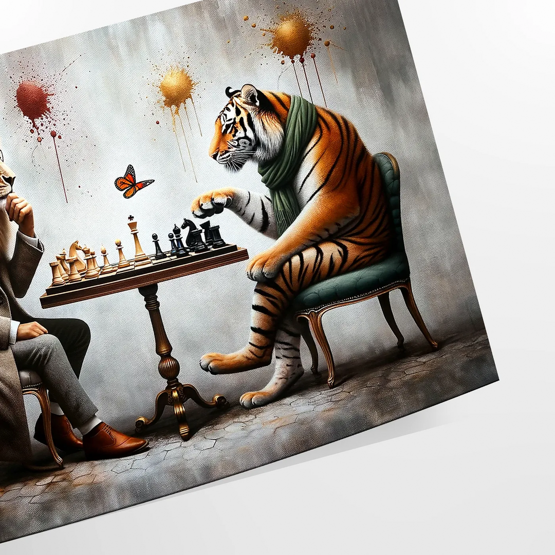 A chessboard featuring a lion and tiger, surrounded by jungle elements in green and black. - as a rolled, unframed print
