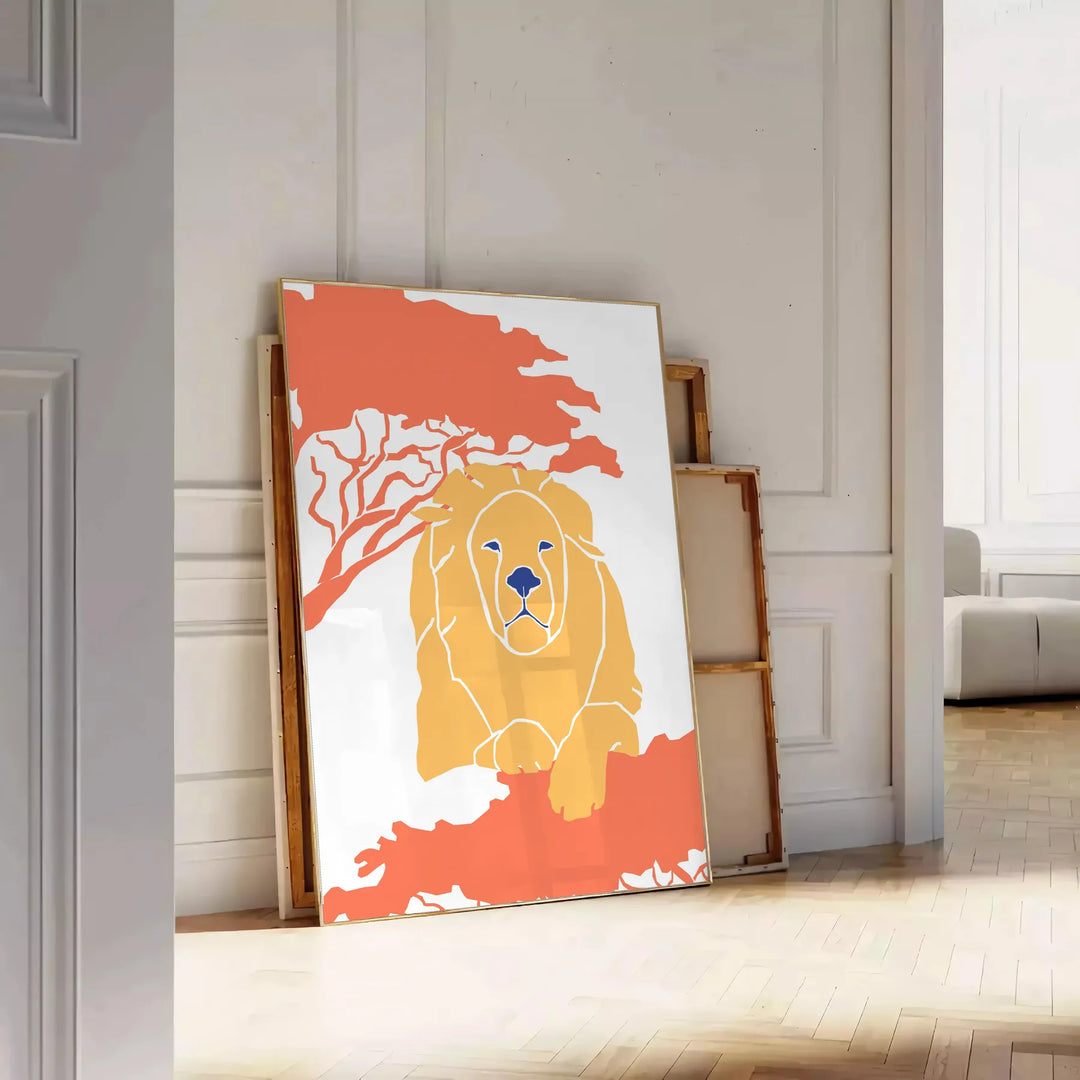A lion resting in a natural habitat, featuring warm orange and blue tones - leaning on a herringbone floor against a white panelled wall