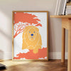 A lion resting in a natural habitat, featuring warm orange and blue tones - beside a round wooden side table with books