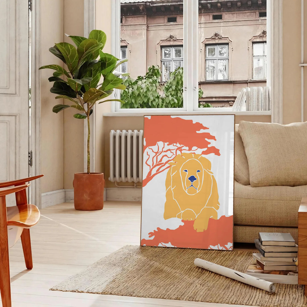 A lion resting in a natural habitat, featuring warm orange and blue tones - in a Parisian living room with a sofa and a fig plant