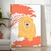 A lion resting in a natural habitat, featuring warm orange and blue tones - in a bright minimalist room with a plant and an armchair