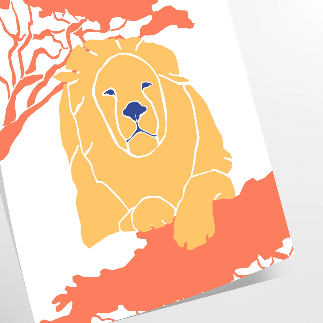 A lion resting in a natural habitat, featuring warm orange and blue tones - as a rolled, unframed print