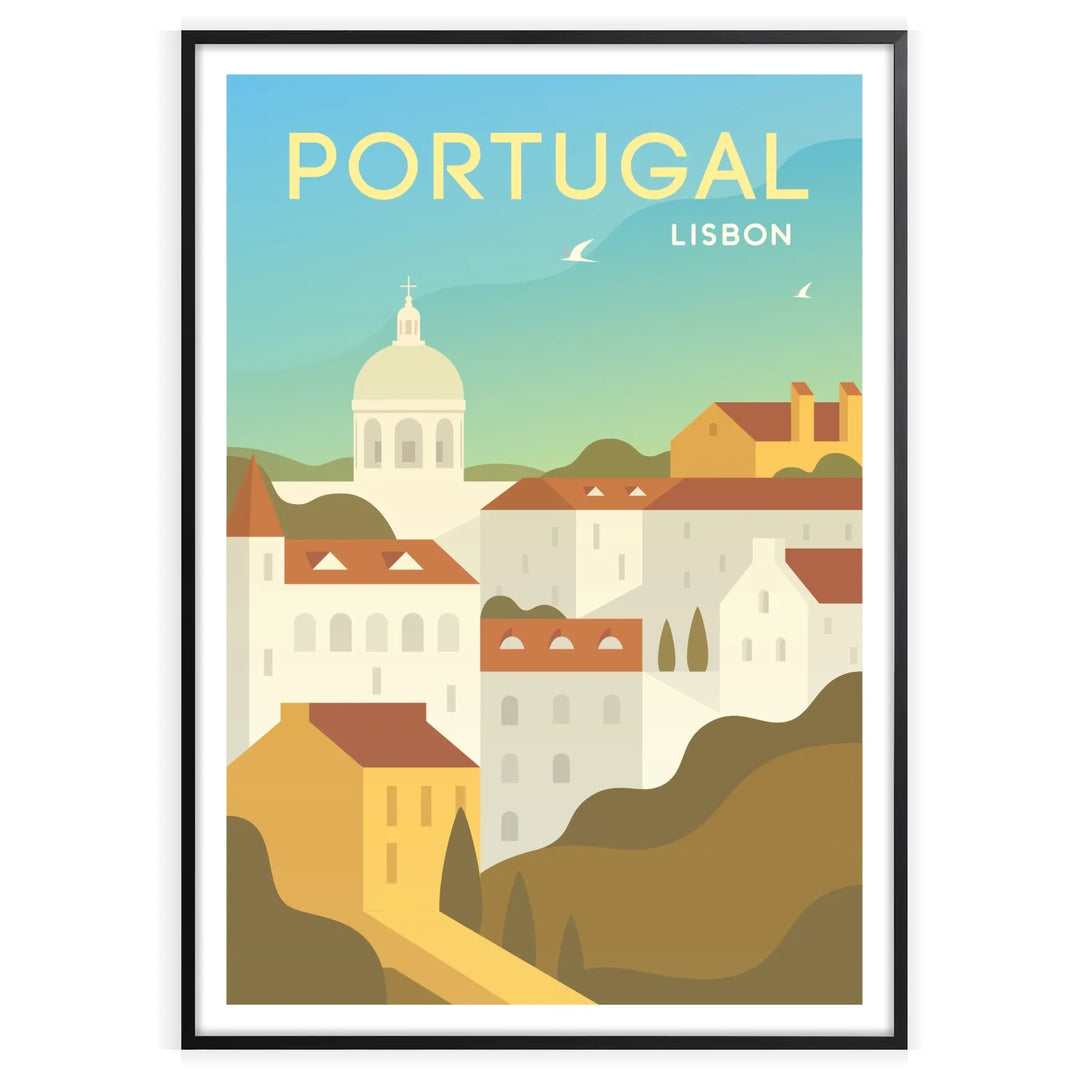 A vintage-style travel poster featuring Lisbon's skyline in shades of gray and blue