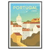A vintage-style travel poster featuring Lisbon's skyline in shades of gray and blue - in a black frame