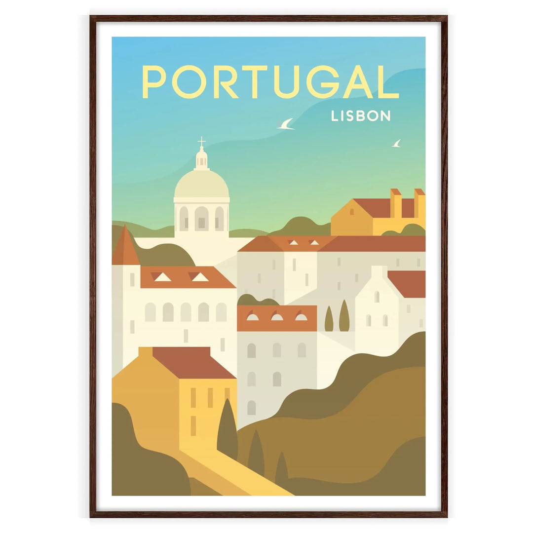 A vintage-style travel poster featuring Lisbon's skyline in shades of gray and blue - in a walnut frame