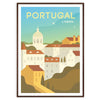 A vintage-style travel poster featuring Lisbon's skyline in shades of gray and blue - in a walnut frame