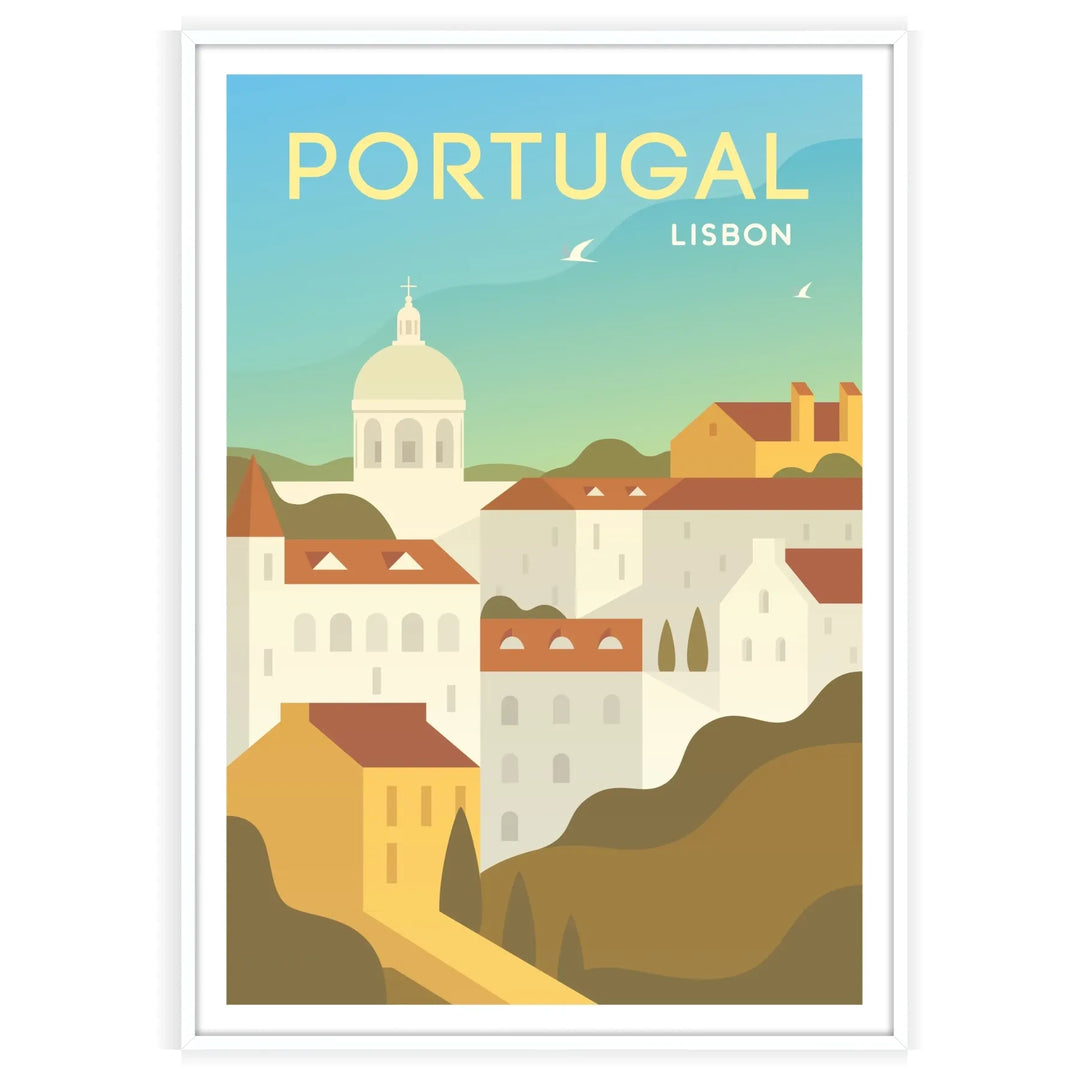 A vintage-style travel poster featuring Lisbon's skyline in shades of gray and blue - in a white frame