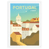 A vintage-style travel poster featuring Lisbon's skyline in shades of gray and blue - in a white frame