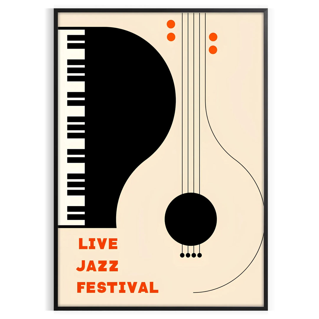 Maximalist print featuring an abstract depiction of a jazz festival with orange and black tones