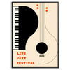 Maximalist print featuring an abstract depiction of a jazz festival with orange and black tones - in a black frame