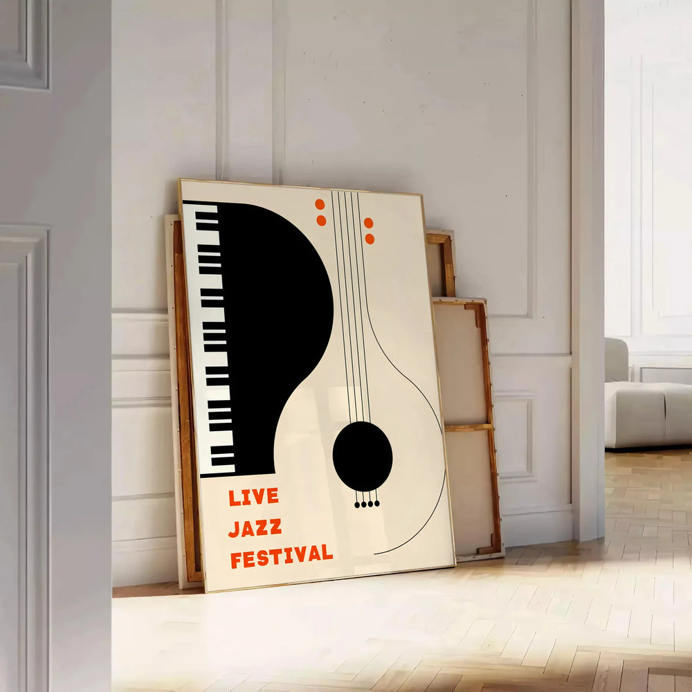 Maximalist print featuring an abstract depiction of a jazz festival with orange and black tones