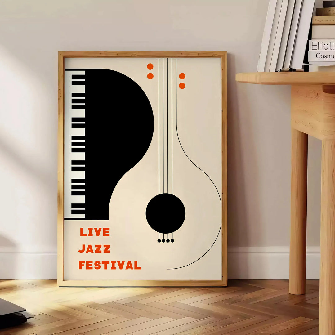 Maximalist print featuring an abstract depiction of a jazz festival with orange and black tones - beside a round wooden side table with books