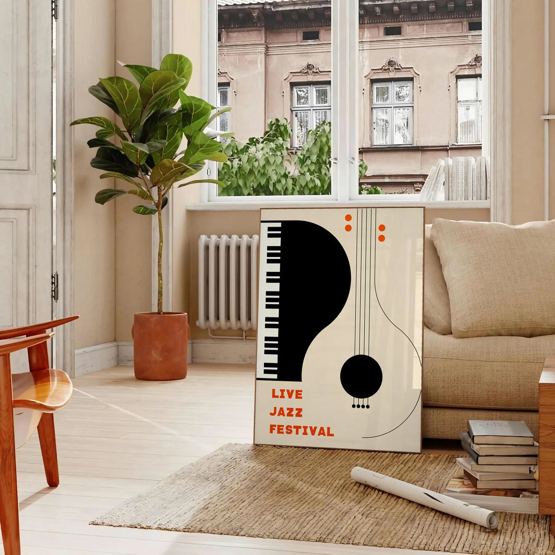 Maximalist print featuring an abstract depiction of a jazz festival with orange and black tones - in a Parisian living room with a sofa and a fig plant