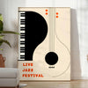 Maximalist print featuring an abstract depiction of a jazz festival with orange and black tones - in a bright minimalist room with a plant and an armchair