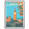 Ilustração estilizada do horizonte de Londres com marcos icônicos em tons de marrom e cinza - numa moldura preta