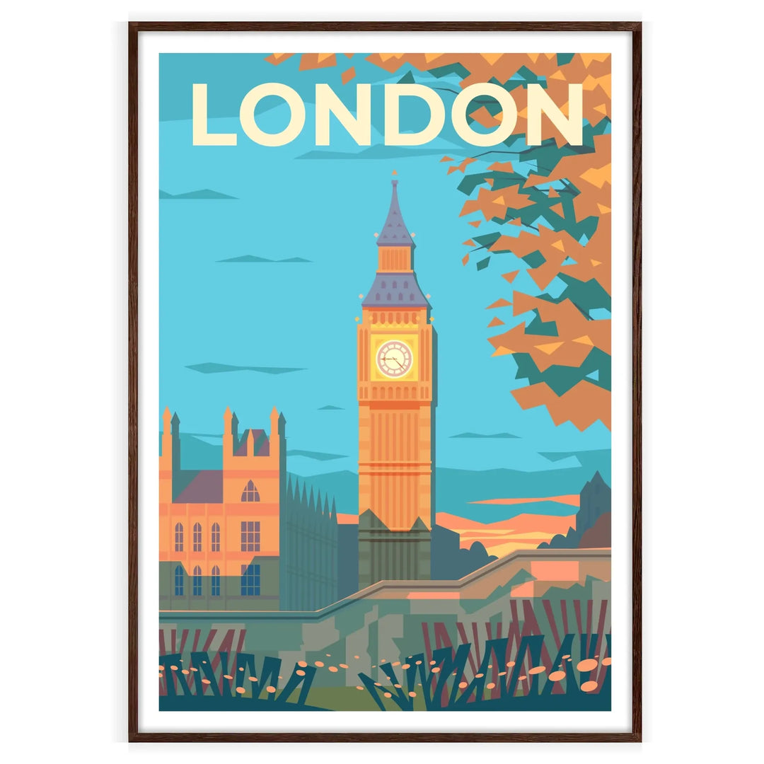 Ilustração estilizada do horizonte de Londres com marcos icônicos em tons de marrom e cinza - numa moldura de nogueira