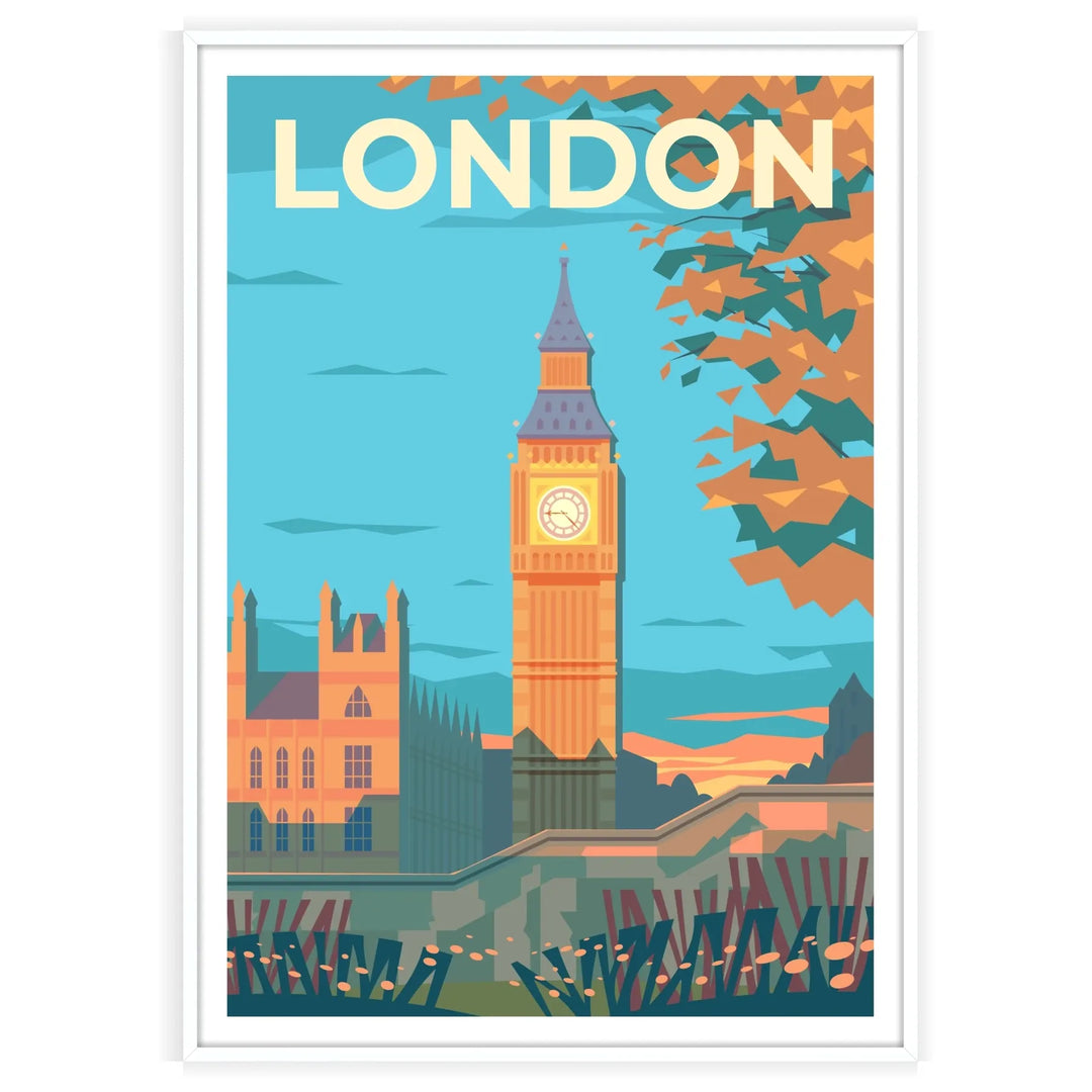Ilustração estilizada do horizonte de Londres com marcos icônicos em tons de marrom e cinza - numa moldura branca