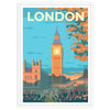 Ilustração estilizada do horizonte de Londres com marcos icônicos em tons de marrom e cinza - numa moldura branca