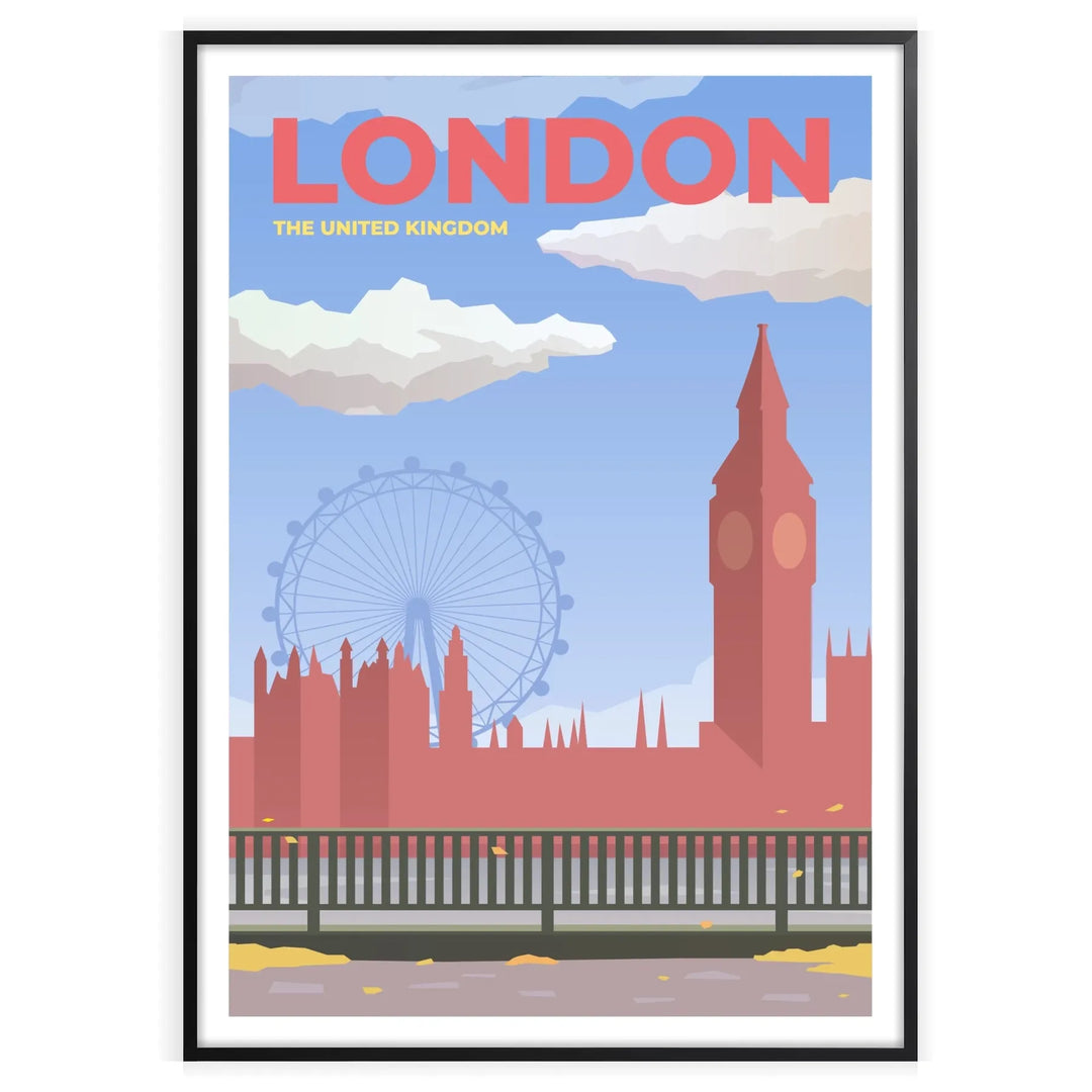 Stylized illustration of London with red and gray tones