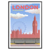 Ilustração estilizada de Londres com tons vermelhos e cinzas - numa moldura preta