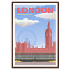 Ilustração estilizada de Londres com tons vermelhos e cinzas - numa moldura de nogueira