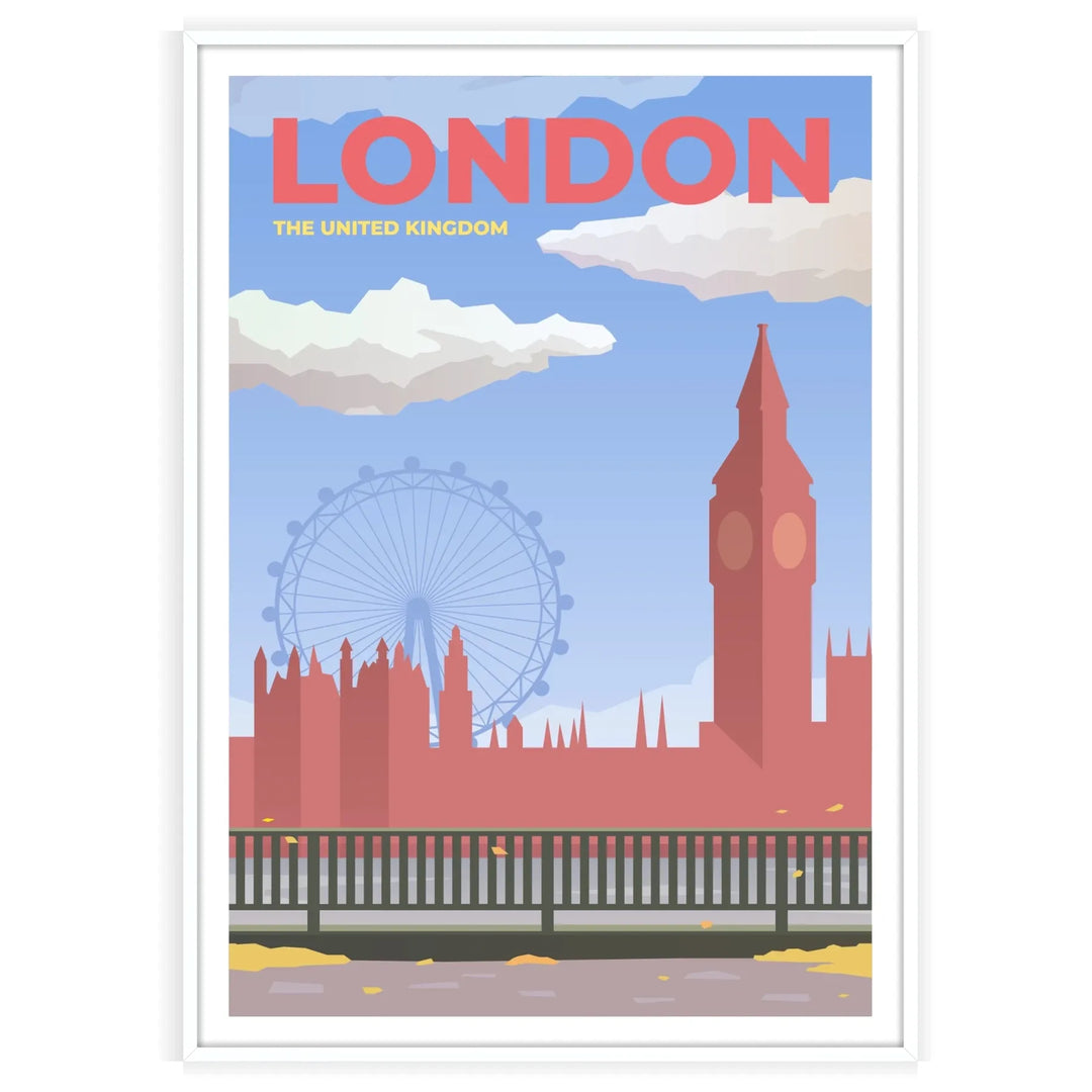 Ilustração estilizada de Londres com tons vermelhos e cinzas - numa moldura branca