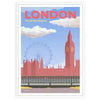 Ilustração estilizada de Londres com tons vermelhos e cinzas - numa moldura branca