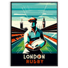 London rugby poster, dynamic graphic artwork of players, vivid energetic design - in a black frame