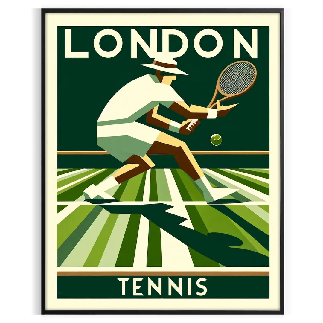 Art Deco illustration of tennis players at Wimbledon with green and yellow accents