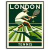 Art Deco illustration of tennis players at Wimbledon with green and yellow accents - in a black frame