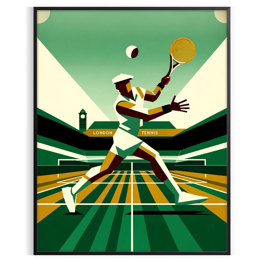 Illustration of tennis players at Wimbledon, featuring green grass and blue sky