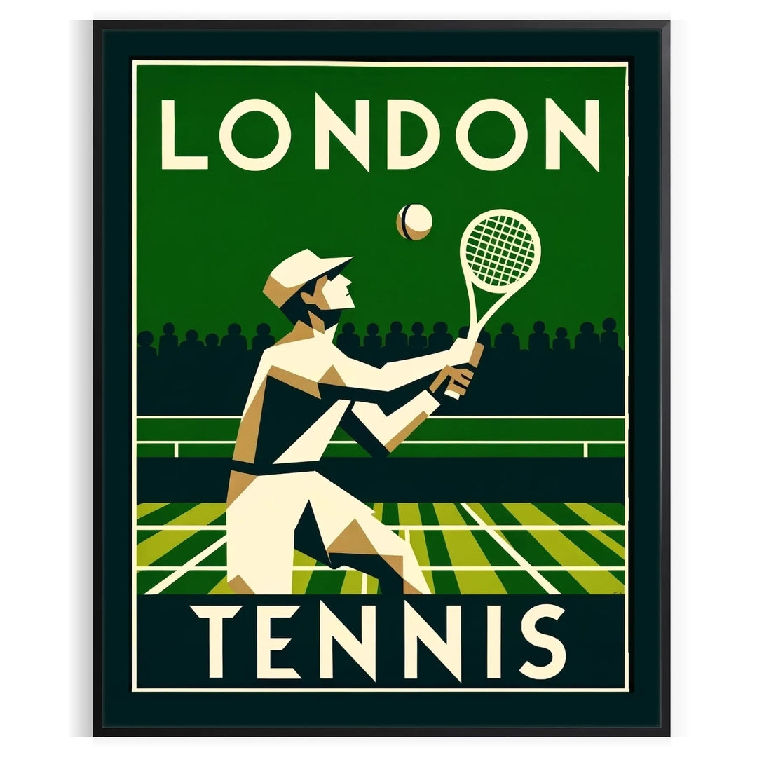 Art Deco illustration of tennis players at Wimbledon, featuring green and beige tones