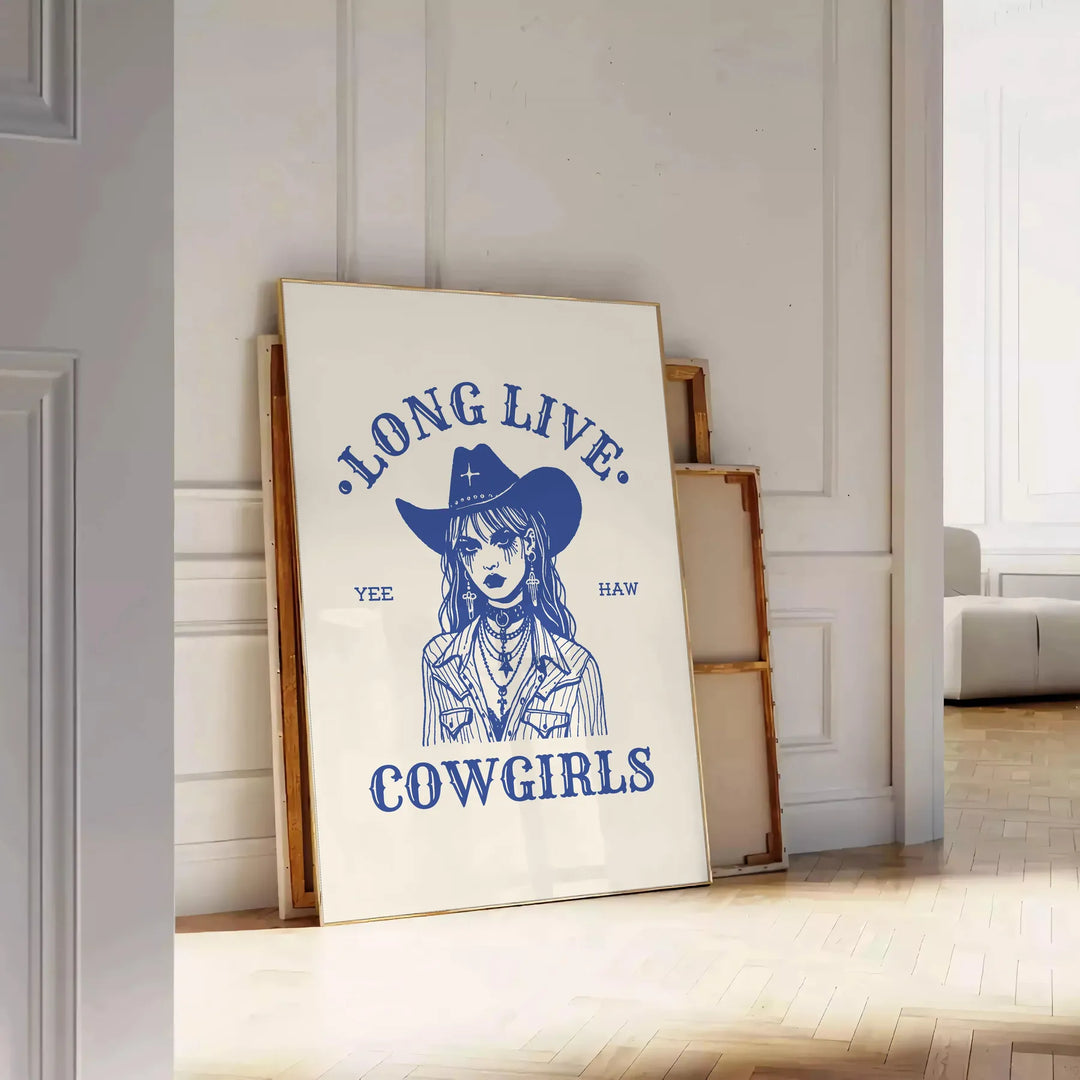 Illustration of a cowgirl in a gray and white Wild West setting - leaning on a herringbone floor against a white panelled wall