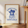 Illustration of a cowgirl in a gray and white Wild West setting - beside a round wooden side table with books