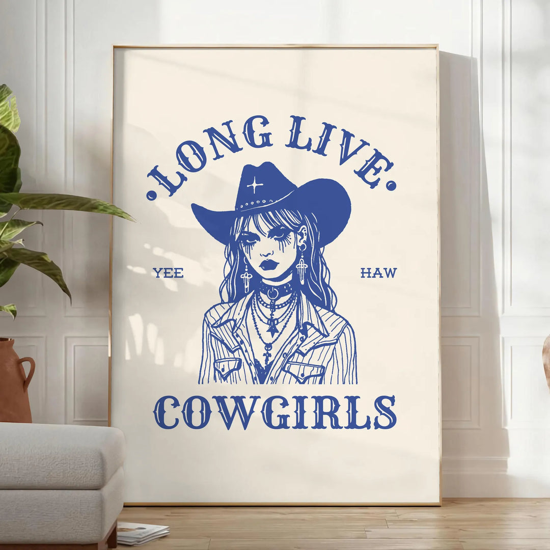 Illustration of a cowgirl in a gray and white Wild West setting - in a bright minimalist room with a plant and an armchair