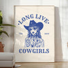 Illustration of a cowgirl in a gray and white Wild West setting - in a bright minimalist room with a plant and an armchair