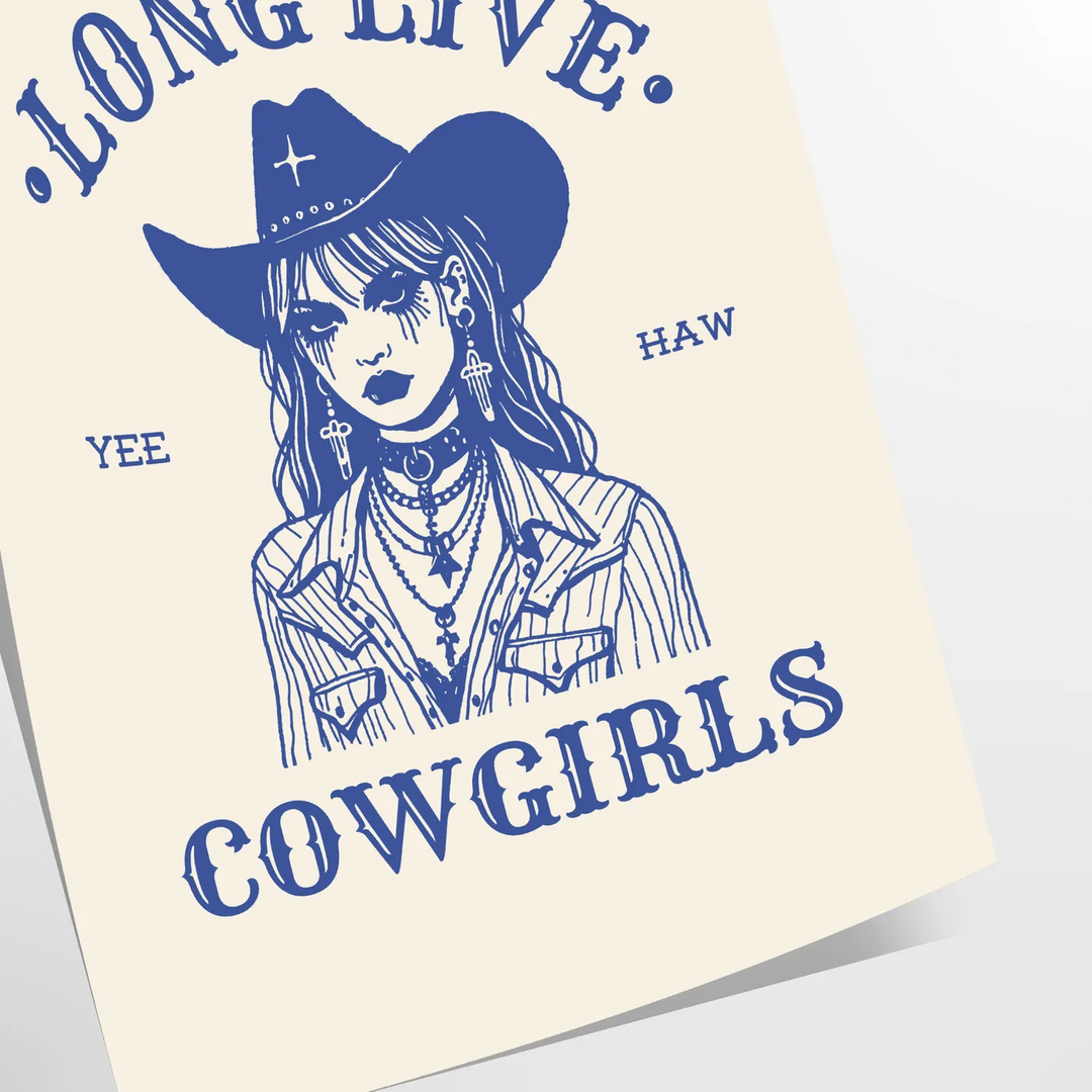 Illustration of a cowgirl in a gray and white Wild West setting - as a rolled, unframed print