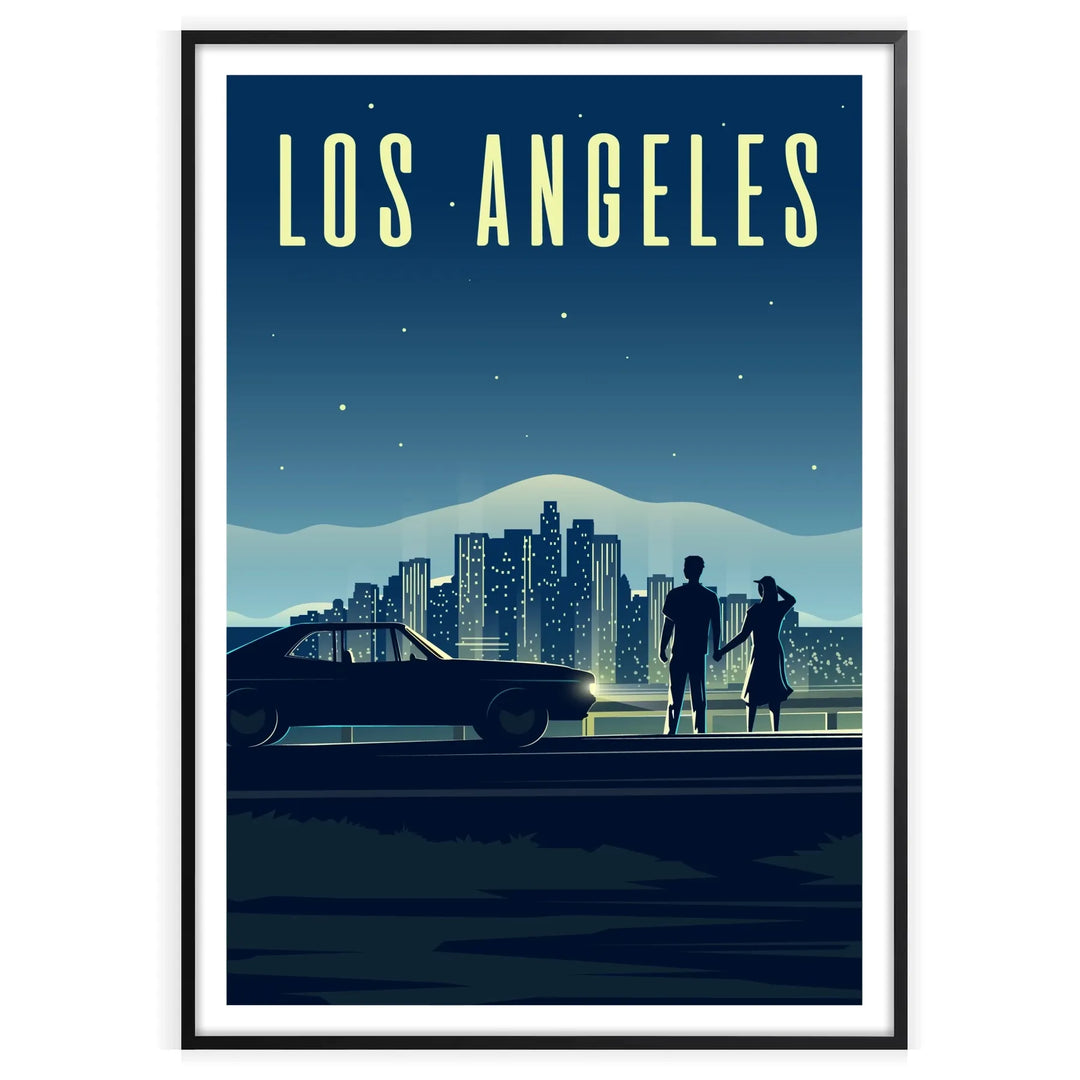 A colorful illustration of the Los Angeles skyline with palm trees