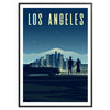 A colorful illustration of the Los Angeles skyline with palm trees - in a black frame