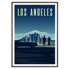 A colorful illustration of the Los Angeles skyline with palm trees - in a walnut frame