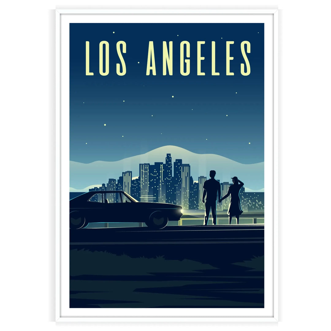 A colorful illustration of the Los Angeles skyline with palm trees - in a white frame