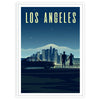 A colorful illustration of the Los Angeles skyline with palm trees - in a white frame
