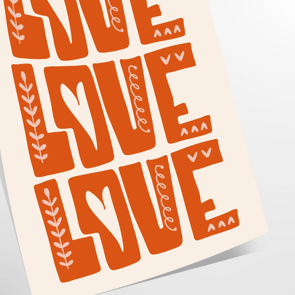 A motivational poster featuring the phrase 'Love Love Love' in warm brown and orange tones