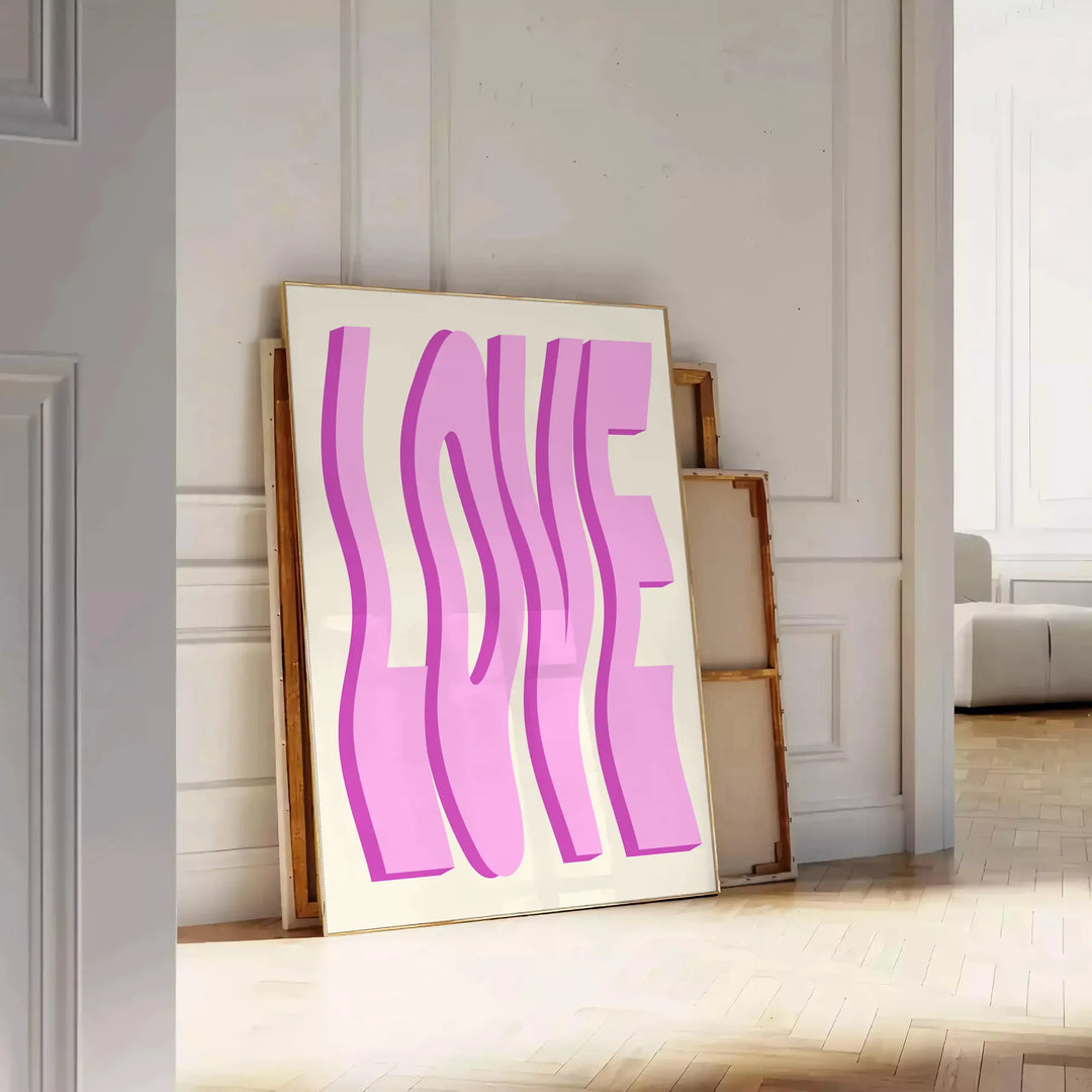 Abstract design featuring pink and purple hues with motivational text - leaning on a herringbone floor against a white panelled wall