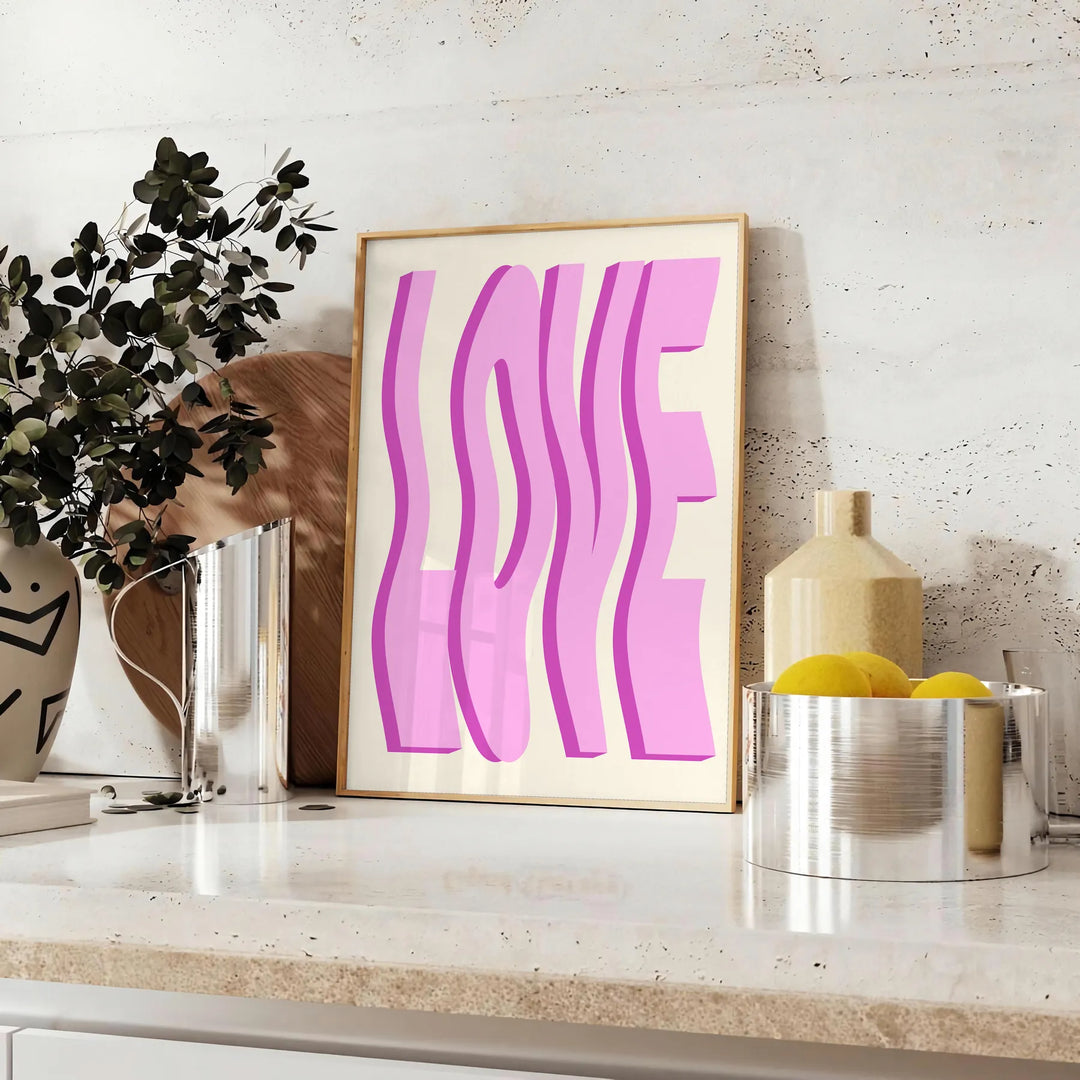 Abstract design featuring pink and purple hues with motivational text - styled on a counter with eucalyptus and a bowl of lemons