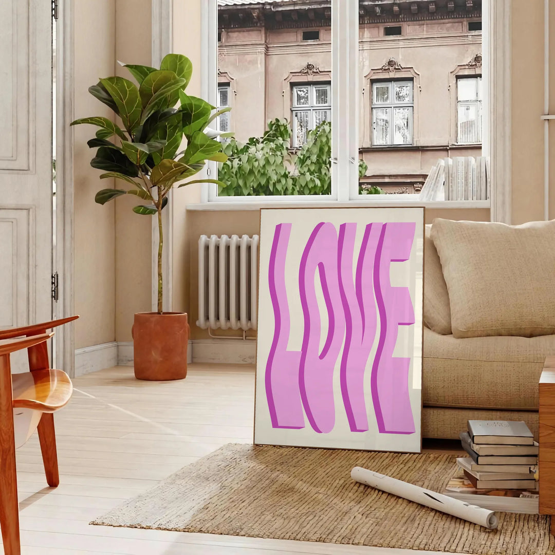 Abstract design featuring pink and purple hues with motivational text - in a Parisian living room with a sofa and a fig plant